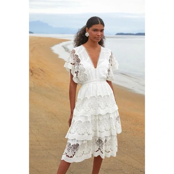 slim fit dress slacks Farm Rio Purple Chelsea Garden Embroidered Lace Midi Dress, Chelsea Garden Purple / S